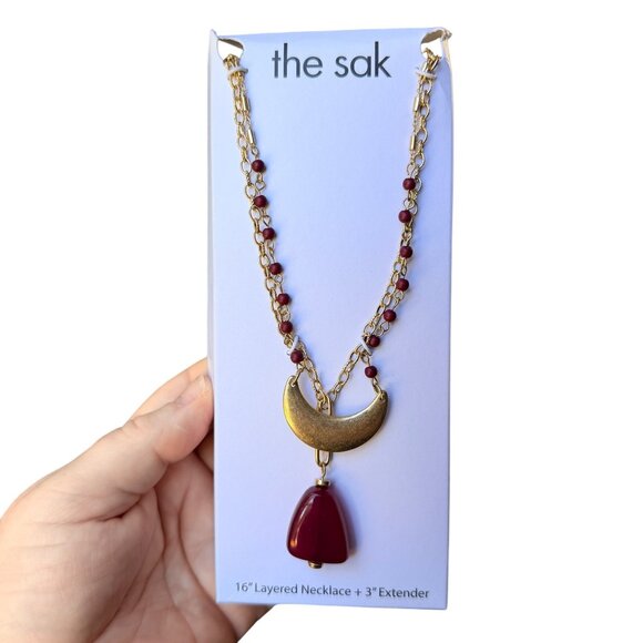 Vintage Unworn The Sak Gold Tone Layered Necklace Crescent Moon Charm Red Beads - Picture 5 of 8